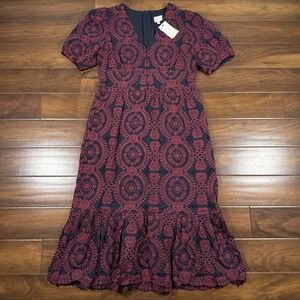 Adelyn Rae Women's Size XL Navy Blue Burgundy Embroidered Luisa Midi Dress